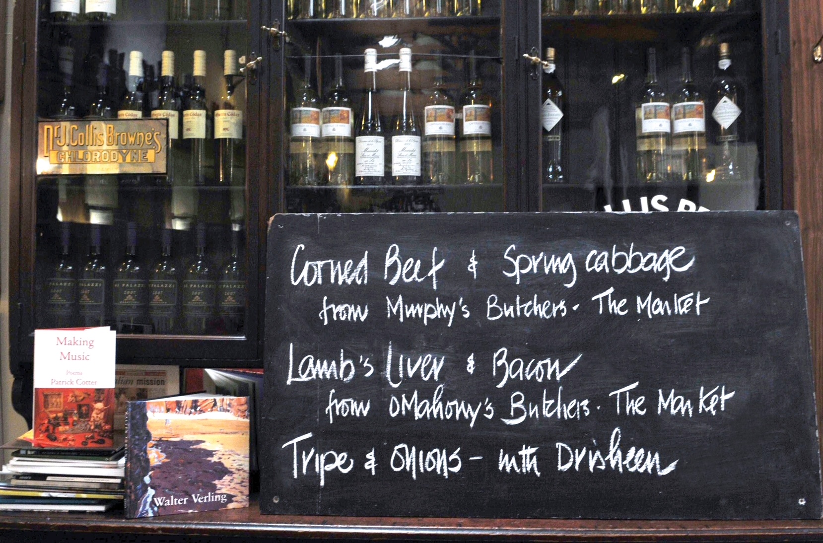 Farmgate Cafe blackboard listing traditional dishes made with produce from English Market butchers